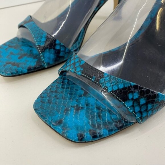 Marc Fisher LTD Womens Heeled Sandals 7M Blue Leather Snake Print Slip On - Picture 2 of 10